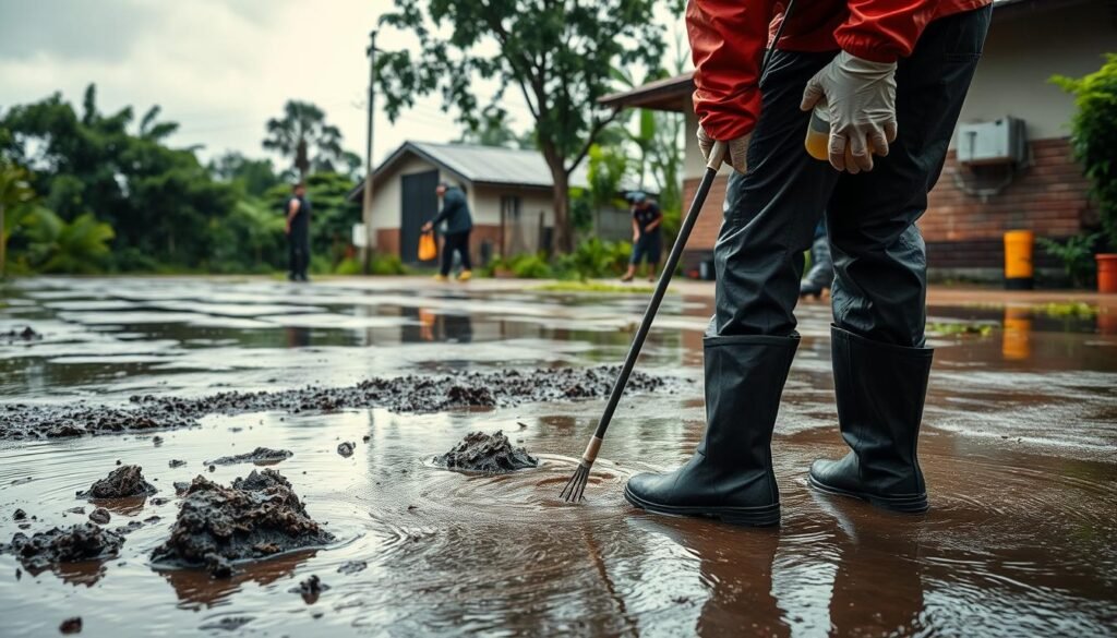 A serene rainy scene showcasing effective measures to prevent leptospirosis during the monsoon season. In the foreground, a person in rain gear diligently disinfecting a muddy puddle with a chemical solution. In the middle ground, a group of people wearing protective boots and gloves tending to their household drainage system. In the background, lush greenery and a cloudy, muted sky evoke the atmosphere of the rainy season. The lighting is soft and diffused, highlighting the importance of these preventive actions. The angle captures a comprehensive view of the various steps individuals can take to safeguard their health and environment.
