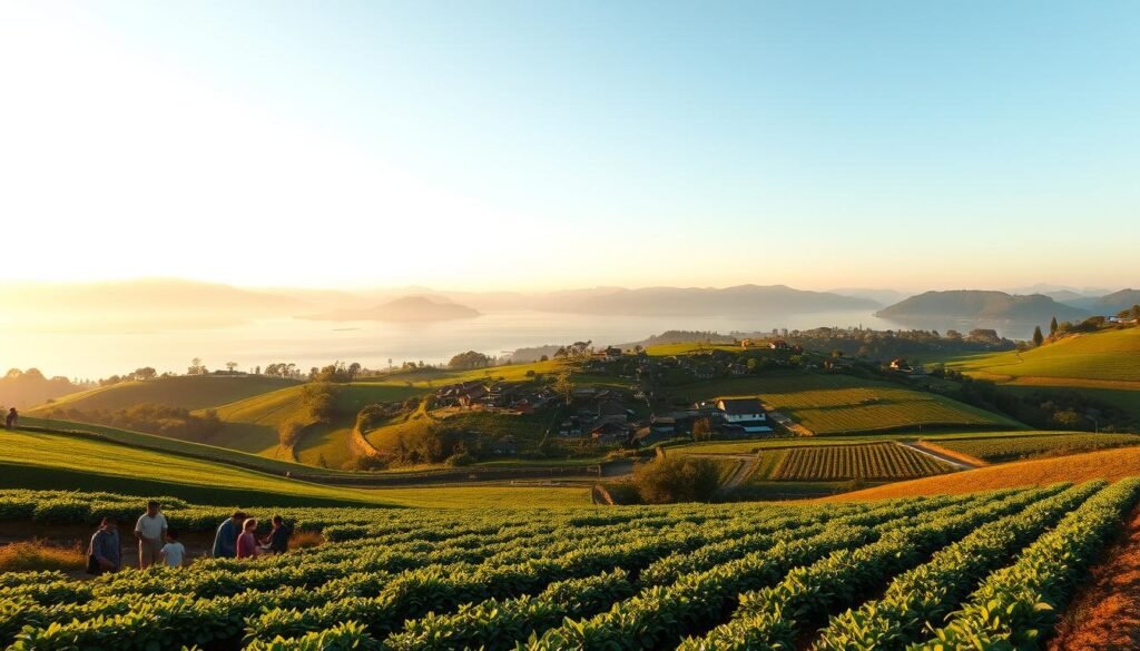A serene rural community, nestled amid lush, verdant fields and rolling hills. In the foreground, a group of locals engage in sustainable agricultural practices, tending to their crops with care. The middle ground features a small, tightly-knit village, its traditional architecture harmoniously blending with the natural landscape. In the background, a sweeping vista of tranquil lakes and distant mountains, bathed in the warm glow of a golden hour sunset. The scene conveys a sense of harmony and balance, where the community's actions have fostered a lasting, positive impact on the environment. Crisp, high-resolution, cinematic lighting, with a focus on natural textures and authentic details.