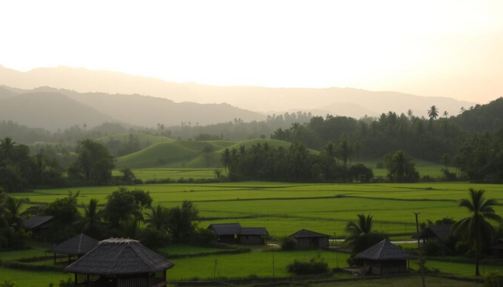 A serene rural landscape in Penajam Paser, East Kalimantan, Indonesia. In the foreground, a tranquil village with thatched-roof huts and small farms. Lush green paddy fields stretch out in the middle ground, surrounded by gently rolling hills covered in tropical foliage. In the background, the majestic silhouettes of distant mountains loom under a warm, golden-hued sky. Soft, diffused natural lighting bathes the scene, creating a sense of peaceful calm. The overall atmosphere conveys the quiet, agricultural character of this regency, hinting at the challenges and opportunities facing local authorities in addressing social issues.