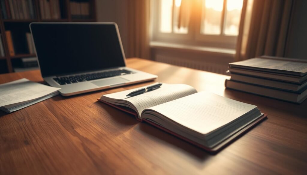 A serene study nook with a wooden desk, a laptop, and an open notebook. Warm, natural lighting filters through a window, casting a cozy glow. Alongside the notebook, a pen and a stack of reference materials create an atmosphere of focused contemplation. The background features a subtle bookshelf, hinting at the academic nature of the scene. The overall mood is one of quiet determination, as the viewer is invited to imagine the process of crafting a thoughtful scholarship essay.