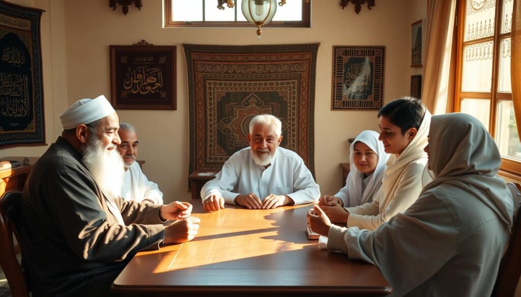 A serene, sun-dappled family gathering, with an elderly patriarch surrounded by his children and grandchildren, seated around a traditional wooden table. The room is adorned with Islamic calligraphy and ornate tapestries, conveying a sense of cultural and spiritual reverence. Warm, soft lighting filters through the windows, casting a glow on the faces of the family members as they discuss the successful division of an inheritance according to the principles of Mawaris. The expressions on their faces reflect a harmonious, inclusive atmosphere, where the elders impart their wisdom and the younger generation listens with respect and understanding.
