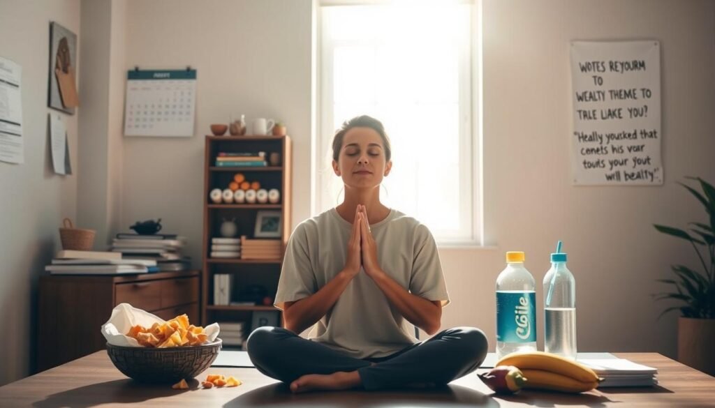 A serene, sun-dappled office setting with a person practicing mindful breathing exercises, surrounded by healthy snacks and a water bottle. In the background, a wall calendar and motivational quotes emphasize the importance of stress management and a balanced diet for optimal well-being. Muted, earthy tones create a calming atmosphere, while the composition leads the viewer's eye to the focal point of the individual's self-care routine. Soft, diffused lighting illuminates the scene, conveying a sense of tranquility and focus.