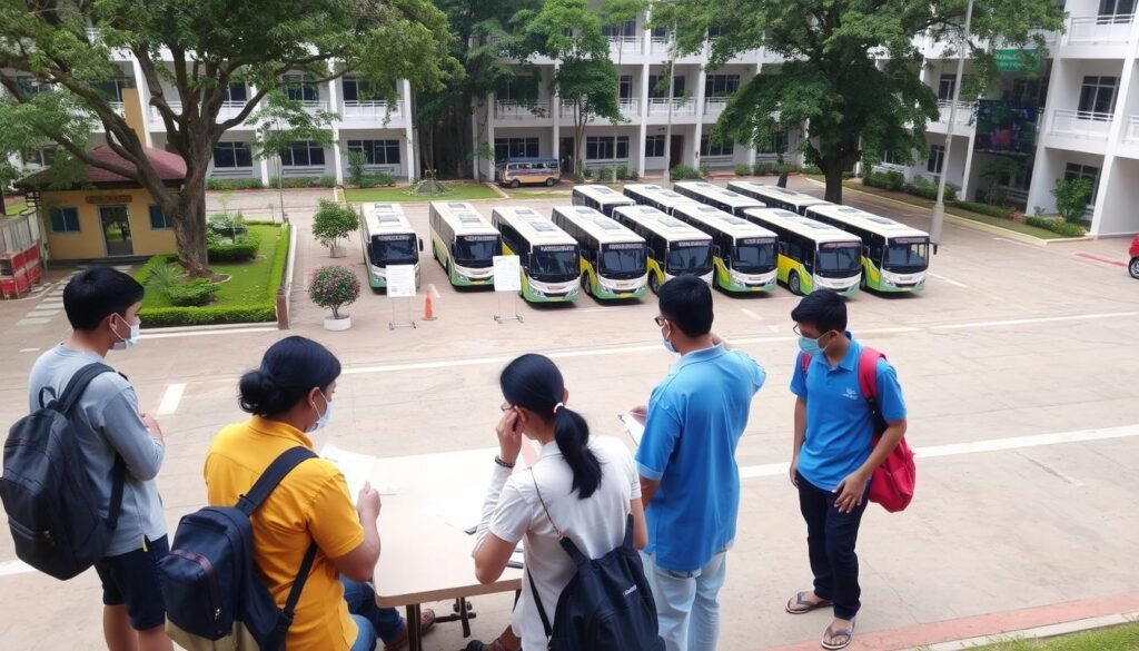 A serene university campus setting, with students diligently attending to their safety protocols before embarking on a KKN (Community Service Program) expedition. In the foreground, a group gathers around a table, reviewing checklists and discussing precautionary measures. The middle ground features a well-equipped assembly area, with signage and safety equipment prominently displayed. In the background, a fleet of buses stands ready to transport the students to their designated KKN locations, conveying a sense of organized preparation and responsibility. The overall atmosphere is one of a well-planned, safety-conscious endeavor, reflecting the university's commitment to the well-being of its students during this important experiential learning program.