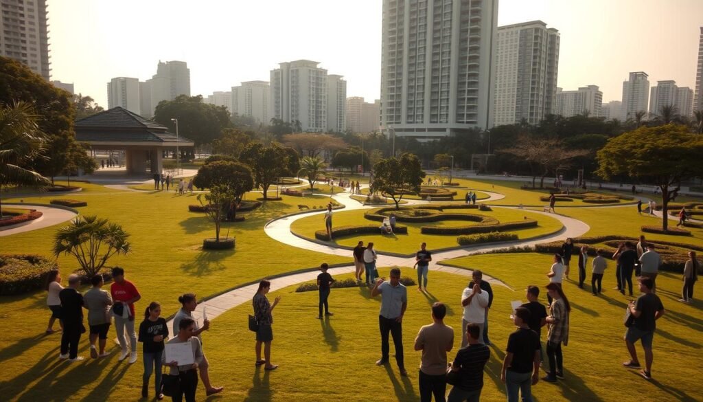 A serene urban park in Jakarta, South, with neatly manicured greenery and winding pathways. In the foreground, a group of people, some carrying signs, gathered in a somber display, reflecting the impact of the recent enforcement actions on street performers. The middle ground showcases the newly integrated public spaces, with families and joggers enjoying the tranquil atmosphere. The background depicts the surrounding high-rise buildings, casting long shadows across the scene, creating a pensive mood. Warm, diffused lighting illuminates the composition, emphasizing the juxtaposition of the peaceful setting and the public's response to the changes. Captured with a wide-angle lens to convey the scale and scope of the situation.