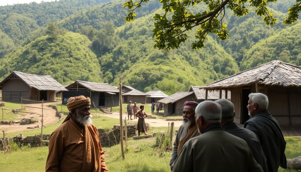 A serene village nestled amidst lush, verdant hills, showcasing the distinct cultural traditions of the Baduy people. In the foreground, a group of elders in traditional garments gather, engaged in deep discussion, their faces etched with wisdom. The middle ground reveals the simple, earth-toned dwellings, their thatched roofs and wooden structures blending seamlessly with the natural environment. In the background, a sense of tranquility pervades, with sunlight filtering through the canopy of trees, casting a warm, mellow glow over the scene. The overall atmosphere conveys a profound respect for the Baduy's way of life, where the absence of modern infrastructure and the embrace of time-honored practices are celebrated.