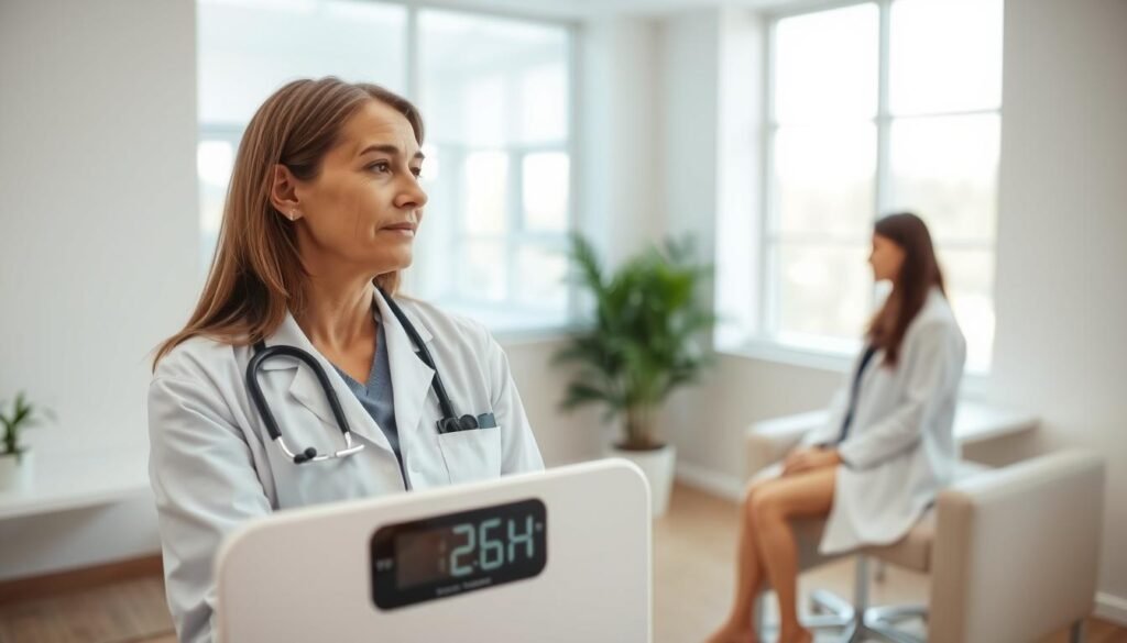 A serene, well-lit medical examination room, with a thoughtful doctor in a white coat and stethoscope examining a patient's weight loss concerns. The room features modern, clean-lined furnishings and large windows flooding the space with natural light. The doctor's expression conveys empathy and professionalism as they carefully review the patient's medical history. In the foreground, a digital scale prominently displays the patient's weight, underscoring the central focus on unintended weight loss. The overall atmosphere evokes a sense of trust, care, and the importance of early detection for potential health issues.