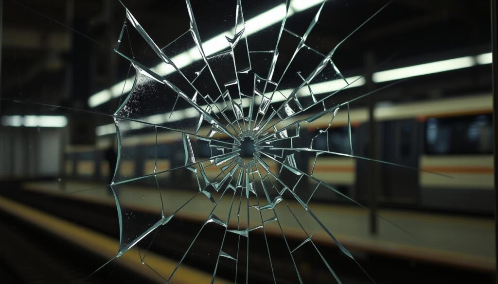 A shattered glass door, its surface cracked and splintered, the result of a senseless act of vandalism. The jagged edges catch the light, casting an eerie glow against the somber backdrop of a dimly lit train station. The once pristine panel now bears the scars of a violent impact, a testament to the fragility of our public spaces and the need for greater care and respect. The scene evokes a sense of unease, a subtle reminder of the consequences of thoughtless destruction and the importance of preserving the integrity of our shared infrastructure.