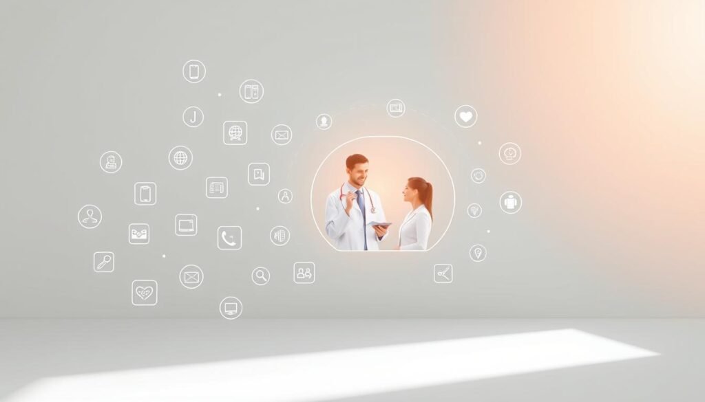 A sleek, modern digital health platform set against a clean, minimalist backdrop. In the foreground, an array of healthcare icons and interface elements float weightlessly, conveying a sense of seamless connectivity and intuitive user experience. The middle ground features a stylized representation of a doctor's consultation, with a warm, human-centric interaction taking place within the digital ecosystem. In the background, a soft, diffused glow emanates, creating a sense of calm and reassurance. The overall composition evokes a harmonious balance between technology and personalized healthcare, setting the stage for an engaging "Online Health Information Center" experience.