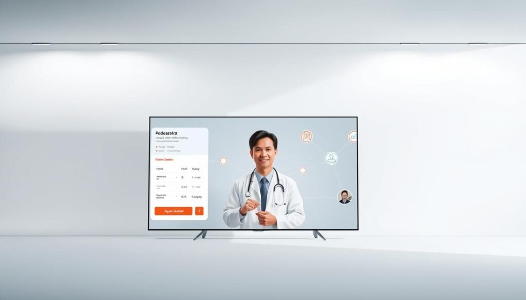 A sleek, modern digital health platform showcased in a minimalist, well-lit studio setting. The foreground features a clean, responsive web interface displaying medical information and appointment scheduling options. In the middle ground, a doctor's virtual consultation is depicted, with a warm, approachable atmosphere. The background subtly hints at the platform's expansive capabilities, with abstract shapes and lines suggestive of connected devices and seamless data integration. The overall mood conveys professionalism, trust, and accessibility, reflecting the "Ketentuan dan Kebijakan Layanan" section of the "Konsultasi Dokter Online: Layanan Kesehatan Praktis" article.