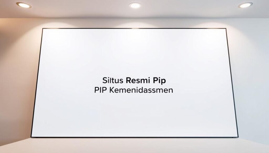 A sleek, modern website interface with a clean, minimalist design. In the center, a prominent title "Situs Resmi PIP Kemendikdasmen" displayed in a bold, sans-serif font. The background is a soft, neutral tone, allowing the website content to take the spotlight. The layout is well-organized, with clear navigation menus and intuitive user interaction elements. The overall atmosphere conveys a sense of professionalism, efficiency, and easy accessibility to the information users seek. Subtle lighting from above casts a warm, inviting glow on the screen, enhancing the user experience. The camera angle is frontal, providing a direct, approachable view of the website interface.