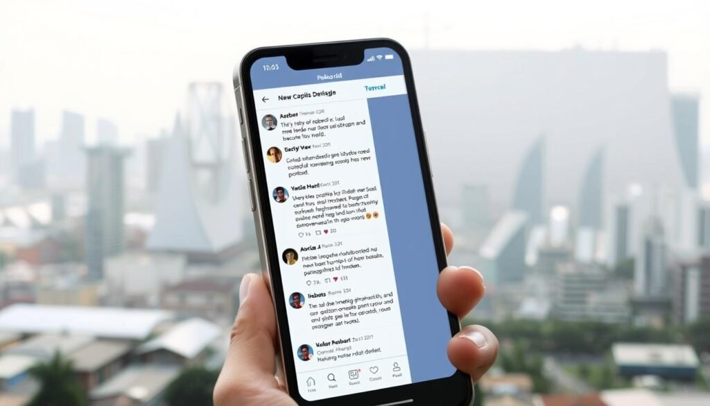 A social media feed depicting a heated online debate about the controversies surrounding the new capital city of Indonesia, IKN. In the foreground, a smartphone screen shows a tense exchange of comments, with users passionately defending and refuting claims about alleged prostitution activities in the area. The middle ground features stylized, abstracted social media icons and symbols, conveying the sense of a digital discourse. The background is a muted, blurred cityscape, hinting at the real-world setting that has sparked this intense online narrative. The overall mood is one of a polarized, emotionally-charged debate, unfolding across the ubiquitous social media landscape.