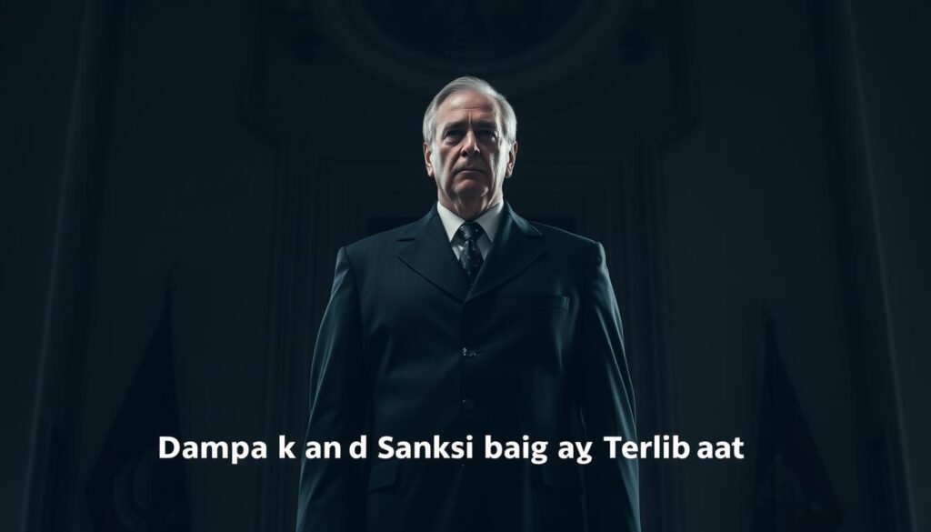 A solemn, authoritative figure stands tall, radiating a sense of gravity and consequence. The scene is bathed in a somber, subdued lighting, casting shadows that convey the weight of the situation. In the background, a stark, official-looking setting, perhaps a government office or courthouse, speaks to the formal, institutional nature of the subject matter. The figure's expression is stern, yet measured, conveying a sense of duty and responsibility. The overall mood is one of seriousness and accountability, setting the stage for the impactful "Dampak dan Sanksi bagi ASN yang Terlibat" section of the article.
