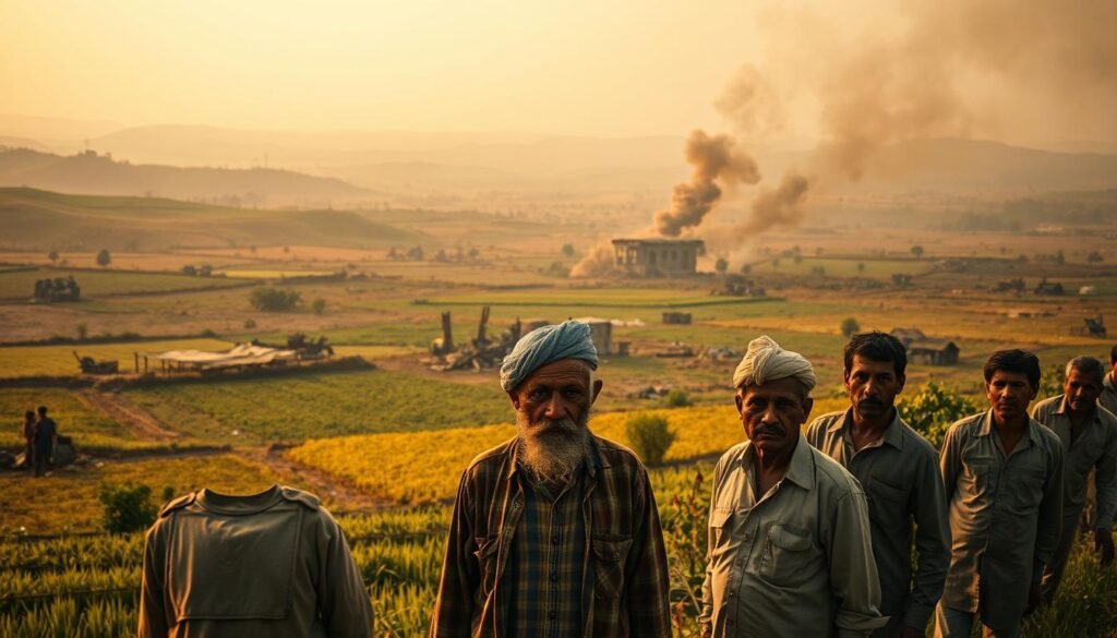 A sprawling rural landscape, where rolling hills and verdant fields collide with the detriment of human conflict. In the foreground, a group of farmers stand resolute, their weathered faces etched with the strain of a long-standing battle over land rights. In the middle ground, billows of smoke rise from the ruins of makeshift shelters, a testament to the upheaval that has torn through this once-tranquil setting. The background is shrouded in a hazy uncertainty, hinting at the broader societal tensions that underlie this agrarian clash. The scene is bathed in a warm, golden light, casting a melancholic tone over the proceedings, as if to suggest the deep-rooted nature of this ongoing conflict.