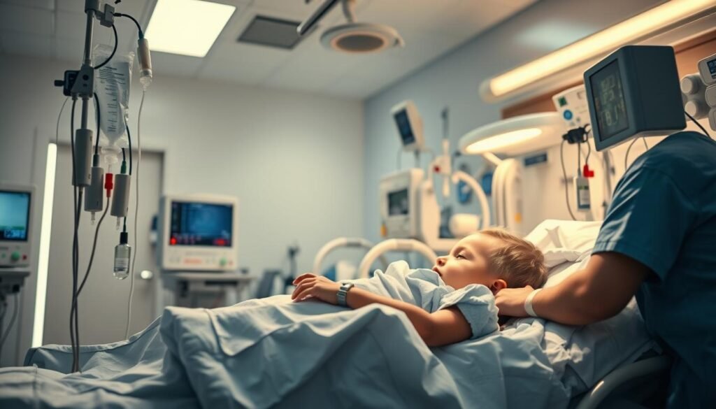 A sterile, well-lit hospital room with modern medical equipment, showcasing the intensive care and treatment provided to a severely injured child. Crisp, high-resolution details of the IV drips, heart monitors, and other life-sustaining devices. The room has a somber, but hopeful atmosphere, with a skilled medical team tending to the child's needs. Soft, diffused lighting casts a gentle glow, conveying the care and attentiveness of the professionals. The image should evoke a sense of the fragile, yet resilient, nature of the child's condition and the dedicated efforts to restore their health and wellbeing.