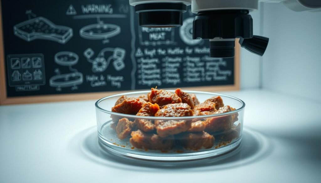A sterile white lab setting, with a close-up view of a glass petri dish filled with unhealthy-looking cooked meat. Bacteria and microorganisms are visible under a high-powered microscope lens, casting an ominous glow. The lighting is stark and clinical, emphasizing the hazardous nature of the subject. In the background, a chalkboard displays diagrams and text warnings about the health risks of repeatedly reheating food, particularly meat. The overall atmosphere conveys a sense of scientific scrutiny and concern for public health.