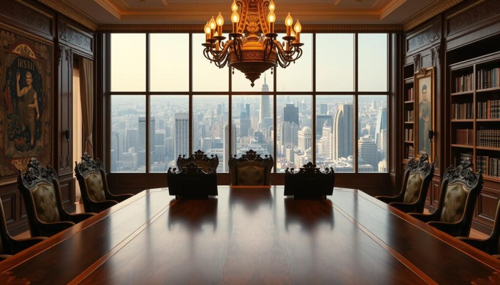 A strategic board room scene depicting the BRICS nations. In the foreground, a large wooden table with five ornate chairs, representing the leaders of Brazil, Russia, India, China, and South Africa. Overhead, a grand chandelier casts a warm, golden light across the room. The walls are adorned with intricate tapestries and shelves filled with books, conveying a sense of intellectual deliberation. In the background, floor-to-ceiling windows offer a panoramic view of a bustling city skyline, hinting at the global reach and influence of the BRICS alliance. The atmosphere is one of serious contemplation, as the leaders discuss the future of their economic and geopolitical cooperation.
