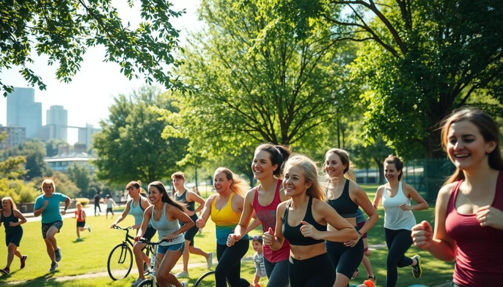A sun-dappled outdoor scene capturing the joys of group exercise. In the foreground, a diverse group of people of all ages and abilities engage in a range of activities - running, cycling, yoga, stretching - their faces alight with camaraderie and shared purpose. The middle ground reveals a verdant park setting, with lush trees and well-maintained paths inviting further exploration. Soft, warm lighting filters through the foliage, creating a serene, uplifting atmosphere. In the background, glimpses of modern architecture and urban infrastructure suggest a vibrant, health-conscious community. The overall composition conveys the physical, mental, and social benefits of pursuing fitness together in a picturesque public space.