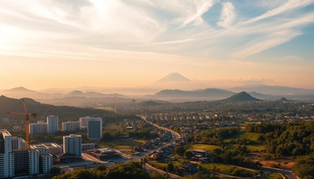 A sweeping aerial view of the rugged, lush terrain of Papua, Indonesia. In the foreground, a gleaming modern city with sleek high-rises and bustling streets. Cranes and construction equipment dot the landscape, signifying a massive infrastructure development project. The midground features sprawling villages nestled among rolling hills, with traditional Papuan longhouses and vibrant local markets. In the distant background, majestic snow-capped mountains pierce the horizon, their peaks shrouded in wispy clouds. Warm, golden sunlight bathes the entire scene, creating a sense of optimism and progress. The overall composition conveys a harmonious blend of modernity and indigenous culture, reflecting the ambitious vision for Papua's development.