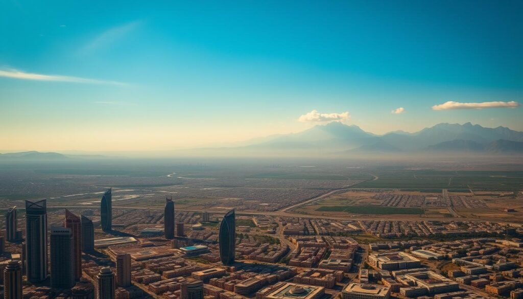 A sweeping panoramic view of the Middle East, bathed in a warm, golden light. In the foreground, a sprawling cityscape with towering skyscrapers, their glass facades reflecting the sun's rays. Amidst the urban landscape, intricate patterns of architecture blend traditional and modern elements, hinting at the region's rich cultural heritage. In the middle ground, rolling hills and rugged terrain stretch out, dotted with lush, verdant oases. Towering mountains rise in the distance, their peaks partially obscured by wispy, ethereal clouds. The sky is a deep, vibrant blue, with subtle gradients and hues that create a sense of tranquility and timelessness. The overall scene conveys a sense of stability, resilience, and the delicate balance between progress and preservation that defines the Middle East. The lighting and composition evoke a feeling of hope and optimism, suggesting the region's potential for continued growth and development, even in the face of challenges.