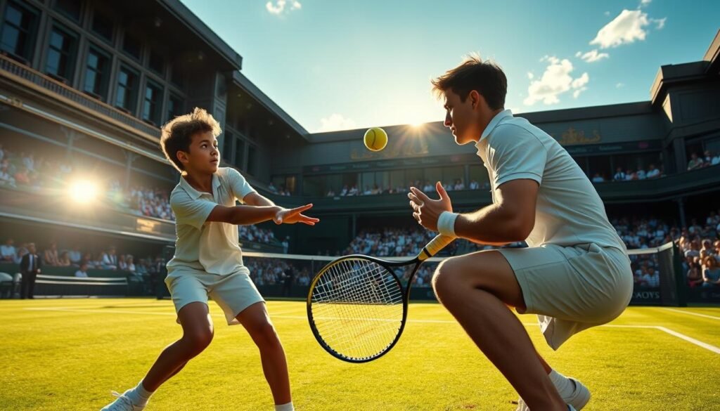 A tennis court at Wimbledon, the sun's warm glow casting long shadows across the lush green grass. In the foreground, two young athletes locked in an intense battle, their movements captured in a dramatic slow-motion frame. Alcaraz, the rising star, poised to deliver a powerful serve, his face etched with determination. Sinner, the challenger, crouched and ready, his eyes fixed on the ball. In the background, the iconic Wimbledon architecture frames the scene, a testament to the grandeur of the tournament. The atmosphere is electric, the tension palpable, as the two titans of the sport clash in a final for the ages.