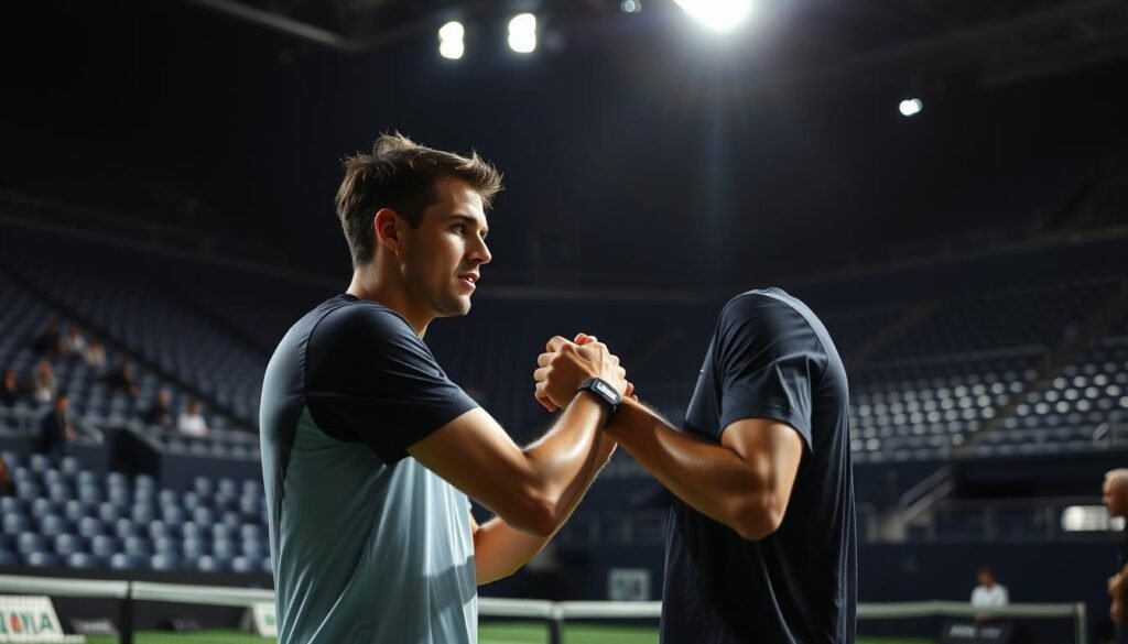 A tense, emotional scene of two tennis players embraced in a display of sportsmanship, captured under the dramatic lighting of a dimly lit stadium. The victor, a determined expression on his face, shakes the hand of his opponent in a gesture of respect and camaraderie. In the background, the empty stands and shadows cast by the overhead spotlights evoke a sense of both triumph and melancholy, as the players process the outcome of their intense, hard-fought match.