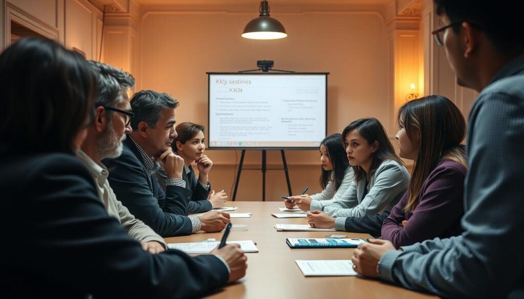 A thoughtful discussion of the KKN program, with professors and students engaged in a serious debate. The foreground shows the participants gathered around a table, their expressions intense as they exchange perspectives. The middle ground features a whiteboard or projection screen, displaying key points and data. In the background, a warm, subdued lighting sets a contemplative mood, while the room's architecture suggests an academic setting. The overall composition conveys the gravity and importance of the discussion, capturing the nuanced perspectives and the search for solutions in the aftermath of the tragic incident.