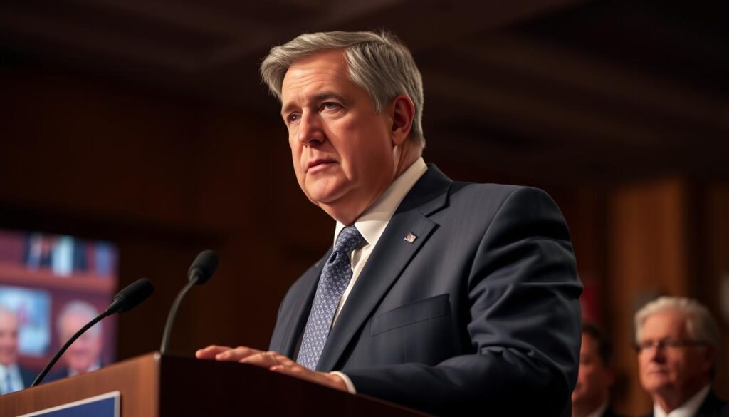 A thoughtful, middle-aged man in a suit and tie stands at a podium, addressing a captivated audience. Warm, directional lighting illuminates his face, conveying a sense of authority and gravitas. The background is blurred, focusing attention on the speaker's earnest expression and gesticulations as he delivers an important message. The setting exudes a formal, professional atmosphere, befitting the gravitas of the occasion. The overall mood is one of attentive listening, as the audience hangs on the speaker's every word.