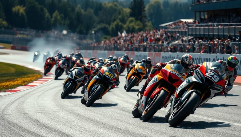 A thrilling MotoGP race with riders battling fiercely for position on a winding, sun-dappled circuit. In the foreground, the bikes lean into sharp turns, their riders' faces determined as they push their machines to the limit. The middle ground captures the pack jostling for the lead, tires smoking and engines roaring. In the background, a blur of spectators' cheers and the grandstands rise up, creating an electric atmosphere of high-stakes competition. The scene is captured with a cinematic wide-angle lens, emphasizing the speed, intensity, and drama of the premier motorcycle racing event.