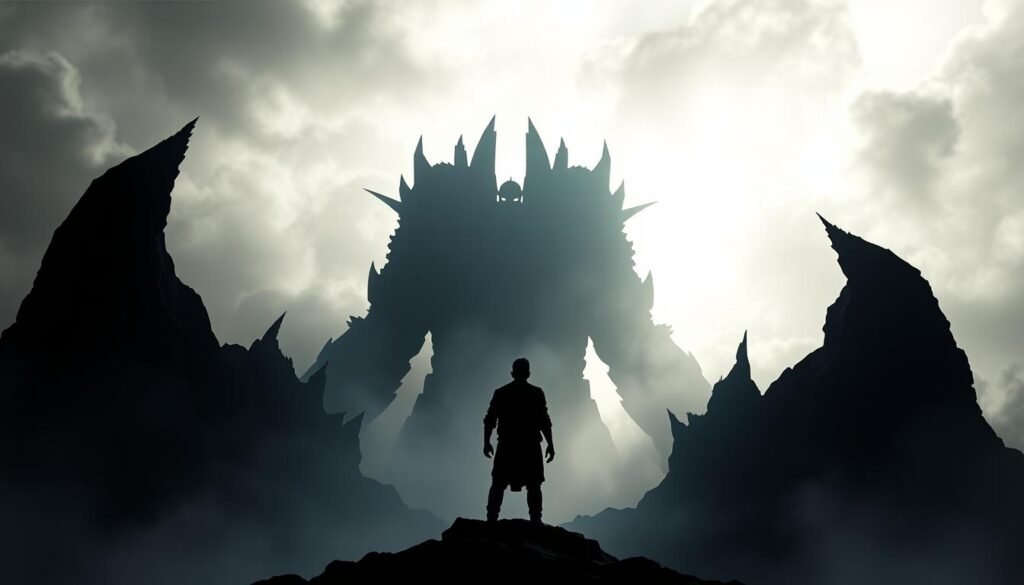 A towering, looming structure cast in ominous shadows, its jagged edges and harsh angles conveying a sense of unease and instability. In the foreground, a figure stands resolute, facing the challenge head-on, their silhouette a beacon of defiance against the dark, foreboding forces of social radicalism. The background is shrouded in a hazy, turbulent atmosphere, suggesting the complex and multifaceted nature of this societal issue. Dramatic, high-contrast lighting emphasizes the stark contrast between the figure's determination and the formidable obstacles they confront, capturing the essence of the "Tantangan Radikalisme Sosial" in a visually compelling way.