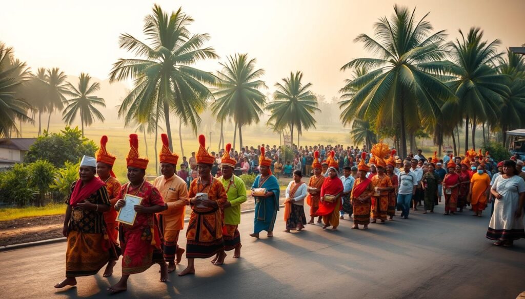 A traditional cultural procession honoring the spirit of the Riau police chief. In the foreground, a group of local elders in vibrant ceremonial garments leading a solemn march. In the middle ground, a large group of community members carrying ornate ceremonial regalia and offerings. In the background, a lush tropical landscape with towering palm trees and a hazy, golden-hour sky, conveying a sense of reverence and connection to the land. Diffused, warm lighting illuminates the scene, creating an atmosphere of reverence and celebration. The overall image reflects the significance of this customary acknowledgment of leadership and community unity.