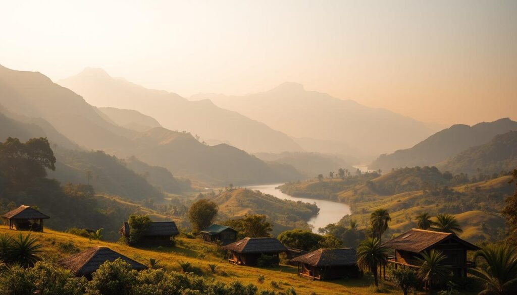 A tranquil, rolling landscape in the highlands of Papua, Indonesia. In the foreground, traditional Papuan houses with thatched roofs dot the scene, surrounded by lush, verdant foliage. In the middle ground, a winding river meanders through the valley, its banks lined with towering, ancient trees. In the background, majestic, snow-capped mountains rise up, their peaks piercing the soft, hazy sky. The scene is bathed in warm, golden light, conveying a sense of harmony and the delicate balance between nature and human habitation. The overall atmosphere is one of serenity and timelessness, reflecting the unique cultural heritage and natural beauty of the region.