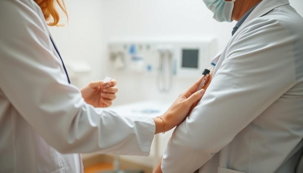 A tranquil scene of a medical professional carefully attending to a patient after a vaccination. The foreground depicts the healthcare worker, clad in a white coat, gently applying a soothing compress to the patient's arm. The middle ground showcases a clean, well-equipped examination room, with medical supplies and equipment neatly arranged. The background is softly blurred, conveying a sense of calm and care. Warm, diffused lighting illuminates the scene, creating a reassuring atmosphere. The composition emphasizes the healthcare worker's attentive and empathetic demeanor, reflecting the practical steps taken to manage any potential side effects of the vaccination.