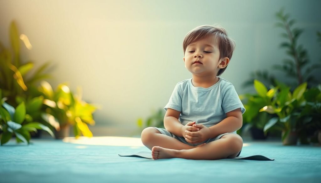 A tranquil scene of a young child sitting cross-legged, eyes closed, and hands resting gently on their lap. The child is surrounded by a serene, nature-inspired environment, with lush greenery and soothing hues of blues and greens. Soft, warm lighting casts a calming glow, creating a sense of peace and mindfulness. In the background, a simple, minimalist design element, such as a geometric pattern or abstract shapes, adds a touch of contemporary elegance. The overall atmosphere conveys a sense of inner calm and the ability to manage contemporary anxieties through mindfulness and self-care practices.