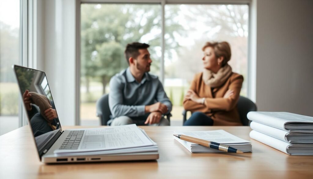 A transparent, well-lit room with a large window overlooking a tranquil outdoor scene. In the foreground, a desk with a laptop, stacks of documents, and a pen resting on top, conveying a sense of open communication and information sharing. In the middle ground, two adults - a man and a woman - seated across from each other, engaged in a thoughtful discussion, their expressions earnest and attentive. The background features soft, muted tones, creating a calming, professional atmosphere that encourages trust and transparency. The overall scene suggests a collaborative, transparent exchange of information between parents and school administrators.