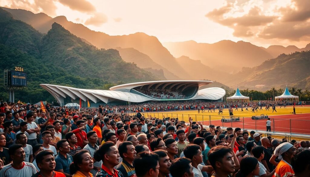 A vibrant and bustling scene of the 2024 National Games (PON XXI) in Aceh, Sumatra, Indonesia. The foreground depicts a diverse crowd of passionate spectators, their faces filled with anticipation and excitement as they cheer on the athletes competing on the field. In the middle ground, the sleek and modern sports facilities stand tall, their architectural design blending seamlessly with the lush, verdant surroundings. The background showcases the rugged, mountainous terrain that defines the Aceh region, creating a stunning natural backdrop to the event. Dramatic lighting casts long shadows, adding depth and drama to the scene, while the warm, golden hues evoke a sense of energy and triumph. This image captures the essence of the prestigious National Games, a momentous occasion that brings together the nation's top athletes and ignites a spirit of unity and sportsmanship.