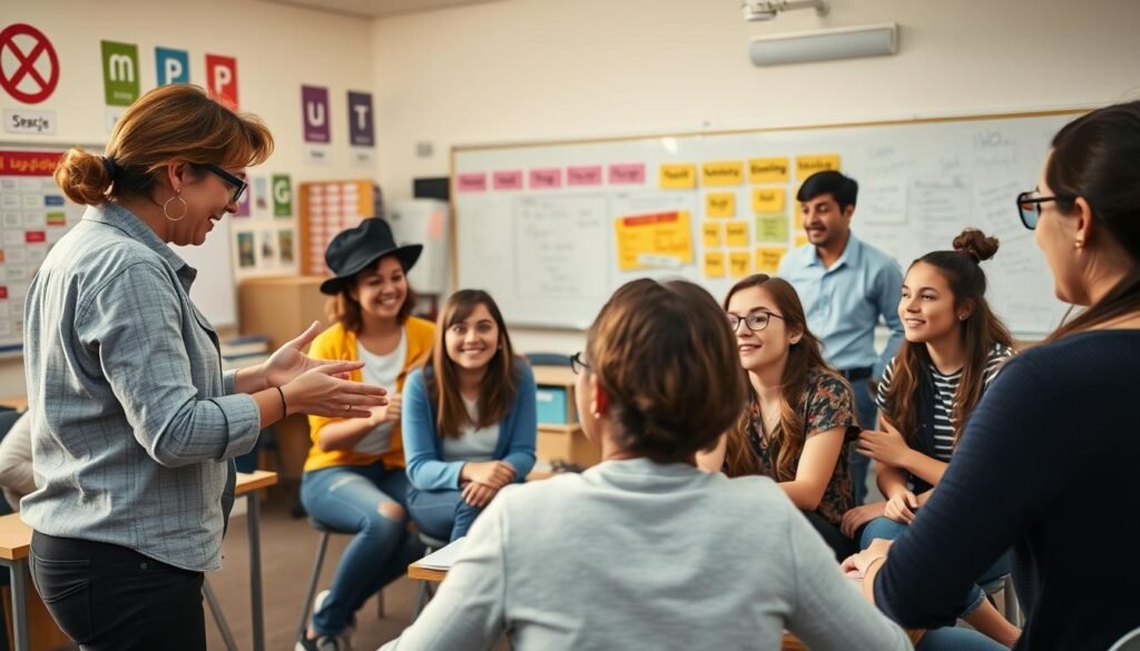 A vibrant and dynamic classroom setting, with a group of diverse students engaged in interactive English language learning activities. In the foreground, a teacher facilitates a role-playing exercise, guiding students of varying skill levels through engaging scenarios that help them adapt and apply their language skills. The middle ground showcases students collaborating in pairs or small groups, practicing conversations and improvising dialogues, their expressions animated and attentive. In the background, educational resources and visuals, such as language posters, word walls, and interactive whiteboards, create a stimulating and supportive learning environment. The scene is illuminated by warm, natural lighting, conveying a sense of energy, exploration, and the joy of language mastery.