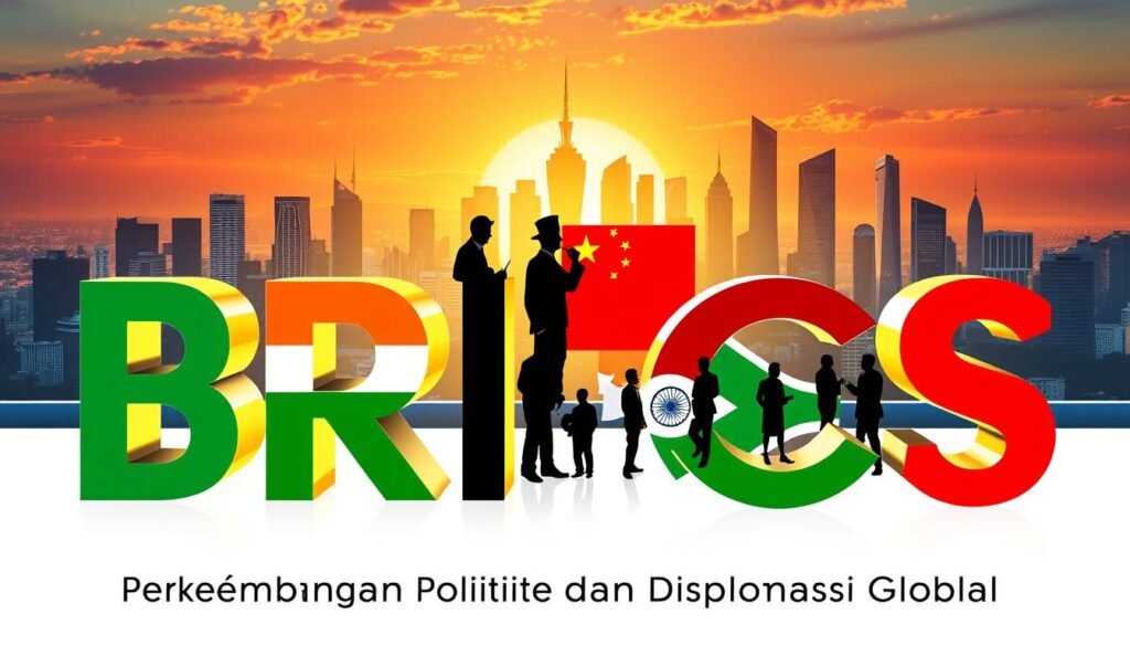 A vibrant and dynamic composition capturing the essence of the BRICS nations (Brazil, Russia, India, China, and South Africa) in a global political and diplomatic context. The foreground features the iconic BRICs typography in bold, three-dimensional letters, with a sleek, modern aesthetic. The middle ground showcases silhouetted figures engaged in diplomatic discussions, representing the collaborative efforts and interactions of these influential economies. In the background, a panoramic cityscape with skyscrapers and landmarks from the BRICS countries, bathed in a warm, golden hue, symbolizing the collective power and potential of these rising nations on the world stage. The overall mood is one of progress, cooperation, and the shaping of a new geopolitical order, suitable for the "Perkembangan Politik dan Diplomasi Global" section of the article.