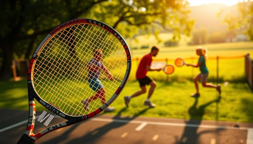 A vibrant and dynamic concept of a unique racket game, set against a backdrop of a lush, verdant landscape. The foreground features the distinctive silhouette of a custom-designed racket, its intricate patterns and unique shape catching the eye. The middle ground showcases players engaged in a spirited match, their movements captured in a blur of motion, the rackets a blur of color and energy. The background is a serene, sun-dappled field, with a hint of a picturesque court in the distance, inviting the viewer to imagine the exciting gameplay. The lighting is warm and natural, casting a soft glow over the scene, creating a sense of warmth and immediacy. The overall atmosphere is one of playfulness, dynamism, and a touch of whimsy, capturing the essence of this new and captivating sport.