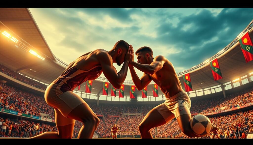 A vibrant and dynamic scene depicting the essence of "nilai sportivitas" (sportsmanship). In the foreground, two athletes locked in fierce yet respectful competition, their bodies in perfect harmony as they push the limits of human performance. Their faces convey a sense of determination and camaraderie, reflecting the true spirit of sport. The middle ground showcases a bustling stadium, the crowd's roar palpable, their energy and enthusiasm fueling the athletes' drive. In the background, towering structures and banners emblazoned with the colors of national pride create a grand, cinematic atmosphere, evoking the global significance of this athletic showcase. Warm, golden lighting casts a glow over the entire scene, imbuing it with a sense of celebration and unity. The overall composition captures the essence of "nilai sportivitas" - the unwavering pursuit of excellence, the respect for one's opponent, and the shared passion that unites athletes and spectators alike.