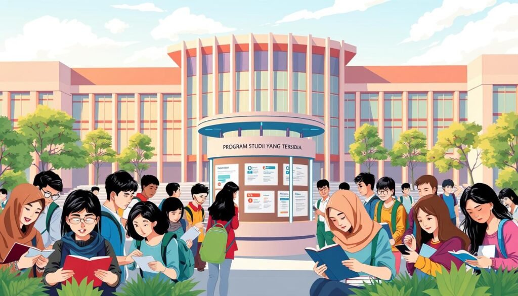 A vibrant and informative illustration of "program studi beasiswa" showcasing a diverse array of academic disciplines against a backdrop of a modern university campus. The foreground depicts students of various ages and backgrounds engrossed in their studies, their expressions conveying a sense of determination and enthusiasm. The middle ground features a central hub or information kiosk, where prospective students can gather details about available scholarship programs. The background presents an architecturally striking university building, its sleek, contemporary design bathed in warm, natural lighting that creates a welcoming atmosphere. The overall scene captures the essence of the "Program Studi yang Tersedia" section, inspiring potential scholarship applicants with the range of academic opportunities on offer.