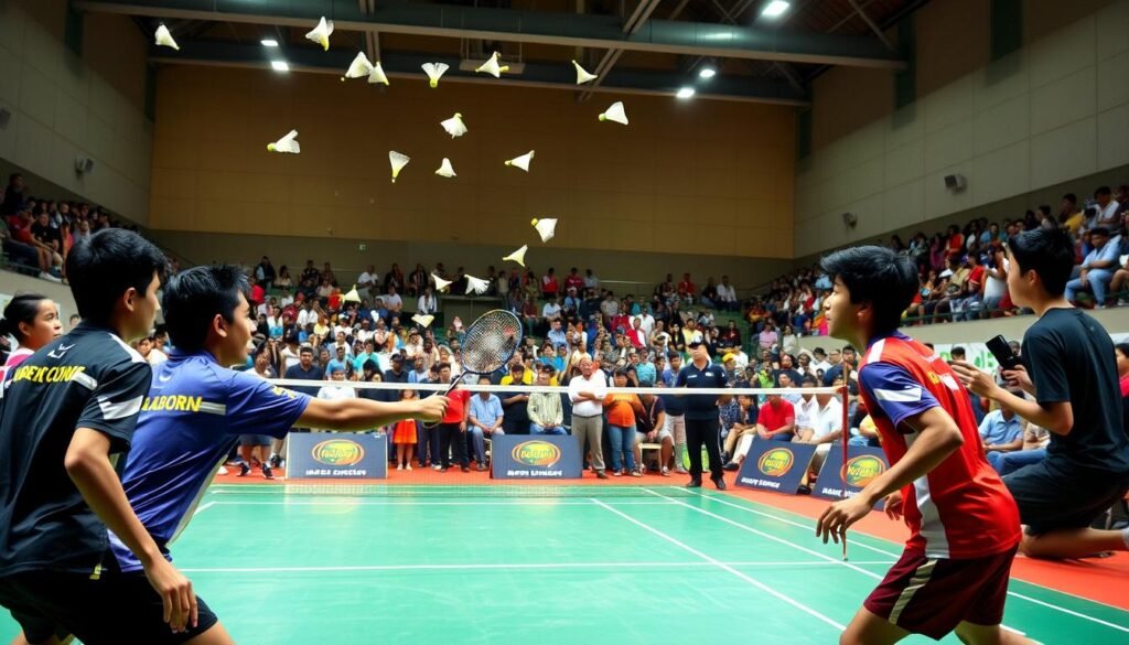 A vibrant badminton tournament unfolds, blending the skills and camaraderie of players from diverse backgrounds. The court is a canvas of swift movements, with shuttlecocks soaring amidst a backdrop of lively spectators. Flashes of color from the players' uniforms and the dynamic lighting create a captivating scene. In the foreground, two athletes engage in an intense rally, their focus and determination etched on their faces. The middle ground showcases the collaborative spirit, with coaches and officials working in harmony to ensure the smooth running of the event. In the distance, the audience cheers and applauds, their enthusiasm palpable. This is the essence of the Kapolri Cup Badminton Tournament, a celebration of the sport's rich history and the unity it fosters.