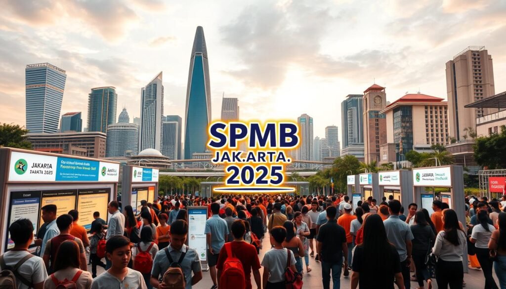 A vibrant cityscape of Jakarta in the year 2025, showcasing the SPMB (Sistem Penerimaan Mahasiswa Baru) process for early childhood, special needs, and adult education programs. The scene depicts a modern, bustling city skyline with sleek skyscrapers and infrastructure, reflecting the advancements in the educational system. In the foreground, a crowd of prospective students and parents navigate through an organized registration booth, surrounded by digital signage and interactive kiosks providing information on the application process. The middle ground features a large, stylized SPMB Jakarta 2025 logo, illuminated by warm, diffused lighting that creates a sense of energy and anticipation. The background showcases the vibrant urban landscape, with a blend of traditional and contemporary architectural elements. The overall mood is one of progress, efficiency, and a commitment to accessible, high-quality education for all.