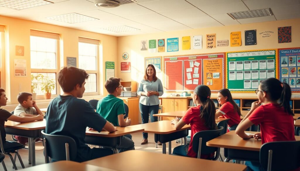 A vibrant classroom scene, bathed in warm, natural lighting from large windows. In the foreground, a group of students engaged in a lively role-playing exercise, their expressions animated and focused. Desks and chairs are arranged in a semi-circle, encouraging collaboration and interaction. In the middle ground, the teacher stands, guiding the students with a nurturing, facilitating presence. The background features educational posters, inspirational quotes, and displays of student artwork, reflecting the creative and intellectually stimulating environment. An atmosphere of engaged learning and joyful exploration permeates the scene.