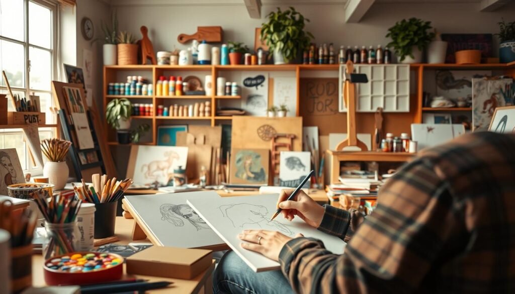 A vibrant, creative workspace with an artist surrounded by various tools and materials. In the foreground, a person passionately sketching or painting, their hands and brushes in motion, capturing their intense focus and dedication. In the middle ground, shelves and tables display an array of art supplies - paints, brushes, canvases, and sketchbooks, suggesting the breadth of creative possibilities. The background features a large window, allowing natural light to flood the space, creating a warm, inspirational atmosphere. The overall scene conveys a sense of growth, exploration, and the continuous development of artistic skills and talents.