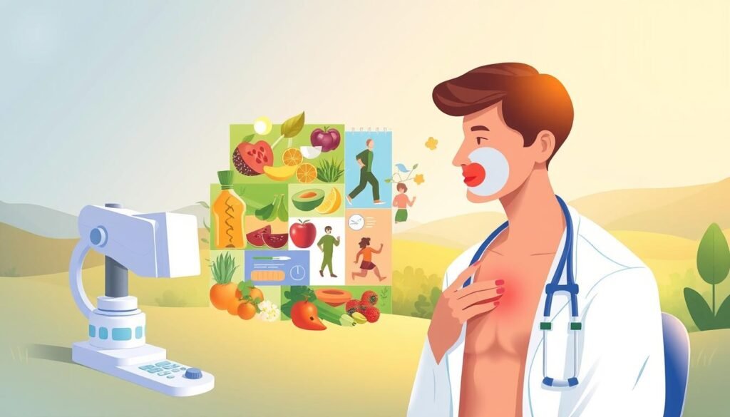 A vibrant, detailed illustration depicting early cancer detection. In the foreground, a stylized human figure undergoes a medical examination, surrounded by diagnostic equipment and medical symbols. The middle ground showcases a collage of healthy lifestyle elements - fresh produce, an active person, and wellness-related icons. The background features a serene, nature-inspired landscape with a subtle gradient, conveying a sense of harmony and balance. The lighting is soft and diffused, creating a calming, approachable atmosphere. The overall composition emphasizes the importance of preventive healthcare and early intervention in the fight against cancer.