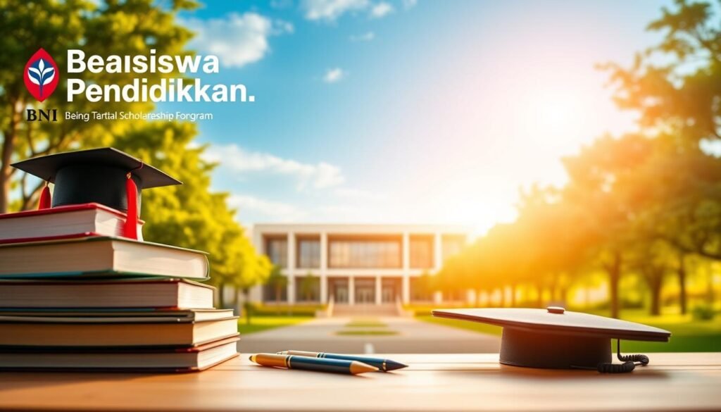 A vibrant, eye-catching image of the "Beasiswa Pendidikan BNI" scholarship program. The foreground features a stack of books, pens, and a graduation cap, symbolizing education and academic achievement. In the middle ground, a modern university campus building with clean lines and large windows, bathed in warm, golden sunlight. The background showcases a serene, tree-lined landscape, with a clear blue sky above. The overall composition conveys a sense of opportunity, growth, and the transformative power of education. The lighting is soft and natural, creating a welcoming and aspirational atmosphere. The image should inspire viewers to learn more about this prestigious scholarship program.