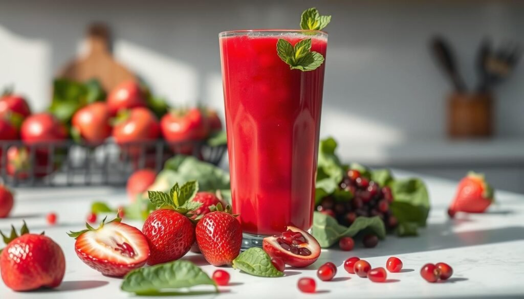 A vibrant glass filled with a refreshing, ruby-red juice made from an assortment of health-boosting ingredients. In the foreground, fresh strawberries, pomegranate arils, and a sprig of mint create a visually enticing display. Soft, natural lighting illuminates the scene, casting gentle shadows and highlighting the vivid colors. The middle ground showcases a variety of leafy greens, such as spinach and kale, which add depth and nutritional value to the blend. In the background, a minimalist kitchen counter or table provides a simple, clean backdrop, allowing the vibrant juice to take center stage. The overall mood is one of wellness, vitality, and a celebration of nature's nourishing bounty.