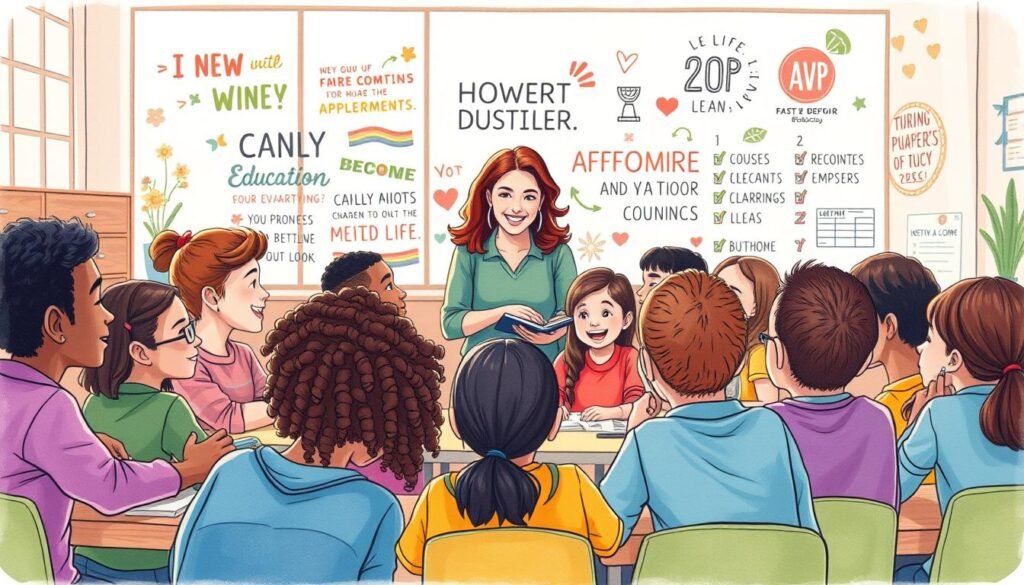 A vibrant, hand-drawn illustration depicting an affirming educational program. In the foreground, a diverse group of students, from various backgrounds, sit in a cozy classroom setting, engaged in collaborative learning activities. The middle ground showcases a teacher guiding the students, their expression radiating warmth and encouragement. In the background, a mural-like wall displays inspirational slogans and symbols representing the values of inclusivity and empowerment. Soft, natural lighting filters through large windows, creating a welcoming atmosphere. The overall scene conveys a sense of community, progress, and the transformative power of education as an affirmative policy.