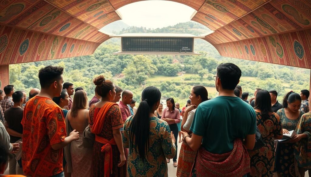 A vibrant, immersive scene of cultural innovation and transformation. In the foreground, a diverse group of individuals collaborate, sharing ideas and creating new forms of artistic expression. Intricate patterns and bold colors fill the frame, hinting at the rich cultural heritage that inspires their work. The middle ground features a large, open space with sleek, modern architecture, suggesting a hub for creative exchange. In the background, a lush, verdant landscape provides a serene backdrop, underscoring the harmony between tradition and progress. Warm, diffused lighting casts a soft, inviting glow, evoking a sense of wonder and optimism. The scene conveys a spirit of unity, inclusivity, and the power of cultural innovation to transform society.