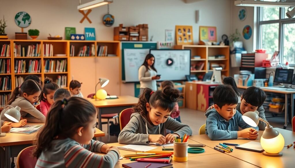 A vibrant, interactive classroom scene showcasing various learning strategies. In the foreground, students work collaboratively on hands-on projects, their faces lit by the warm glow of task lamps. The middle ground features a teacher guiding small groups, using a digital whiteboard to illustrate key concepts. The background depicts an array of educational resources, from bookshelves to STEM learning stations, all bathed in soft, natural lighting filtering through large windows. The overall atmosphere conveys a sense of engaged, creative learning tailored to diverse student needs and learning styles.